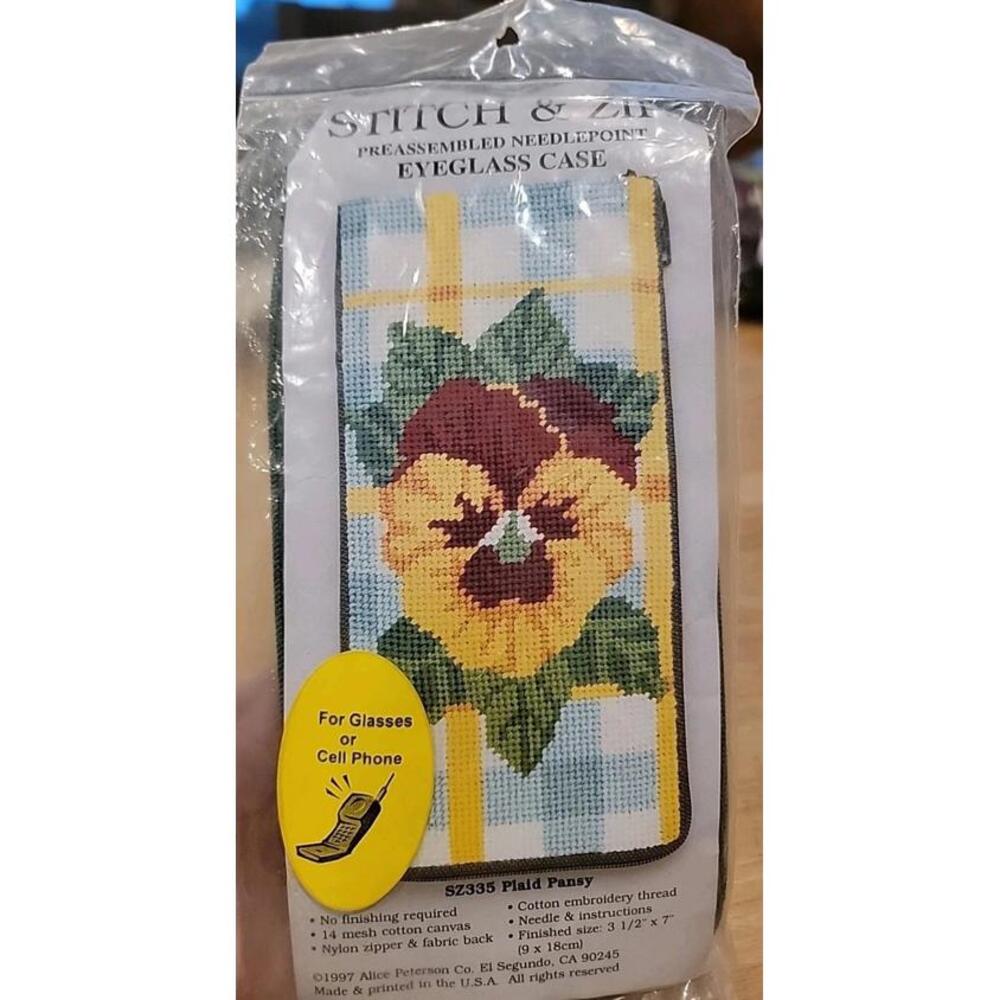 Stitch and Zip Needlepoint Eyeglass Phone Case Alice Peterson Floral Pansy Fall